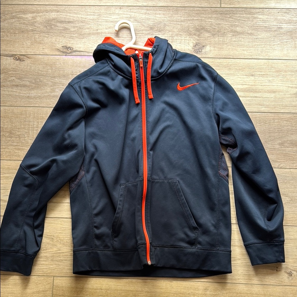 Nike Men's Navy Blue and Orange Zip Up Hoodie